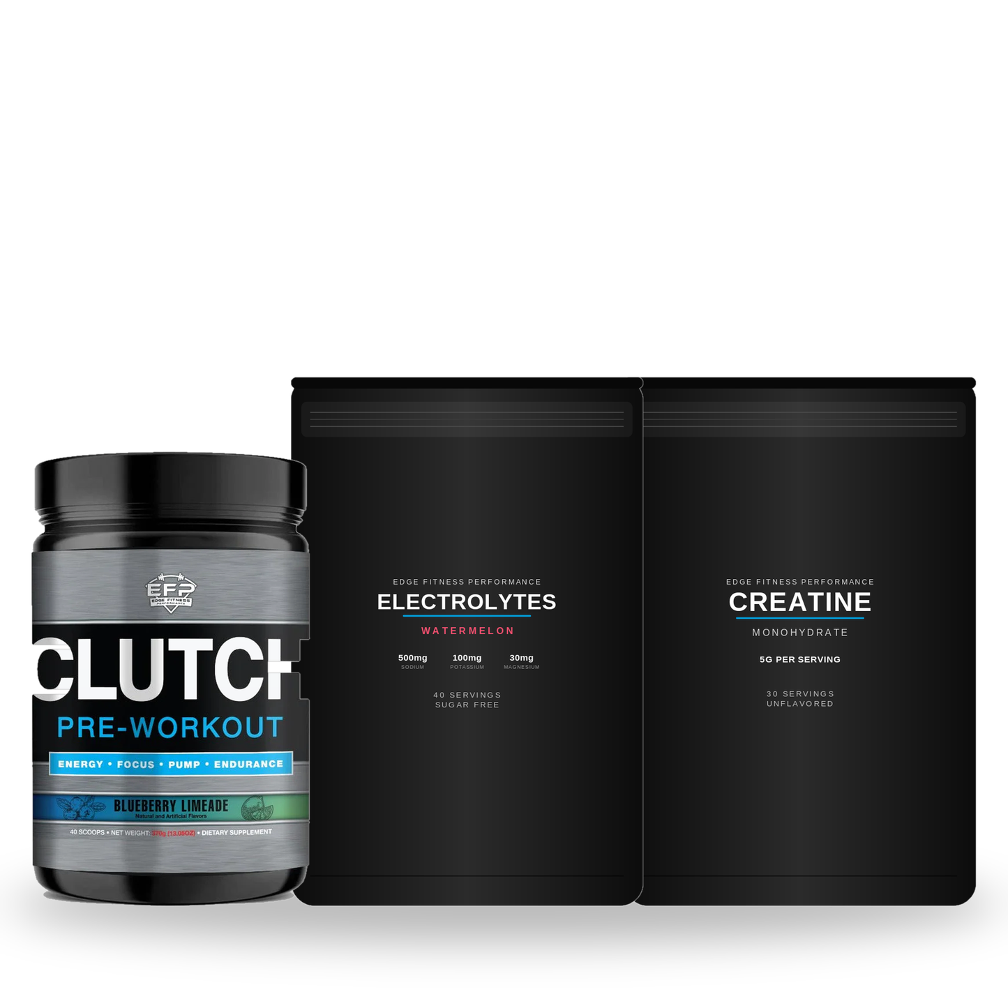 The Performance Stack — Clutch Pre-Workout, EFP Electrolytes, and Creatine Monohydrate together.